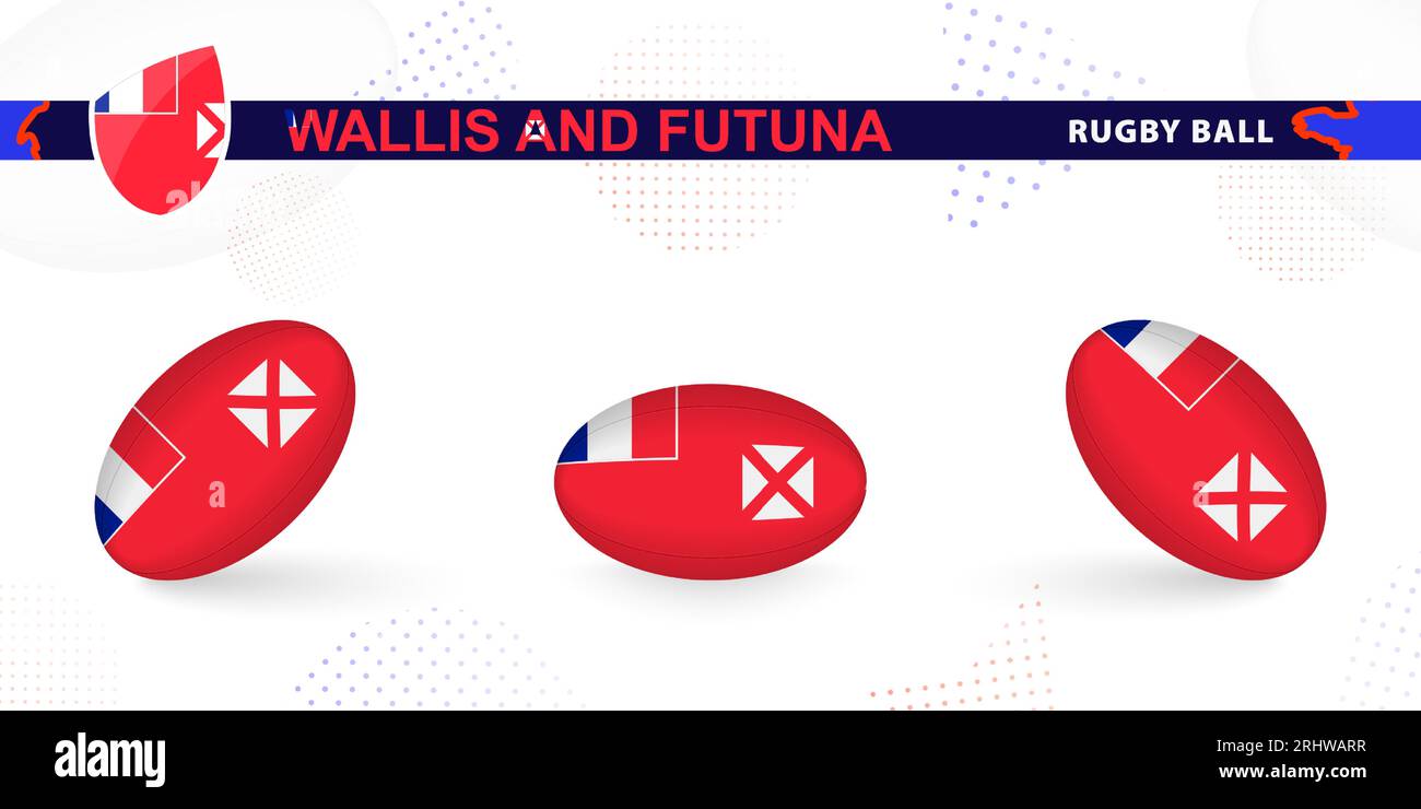 Ballon de rugby avec le drapeau de Wallis et Futuna dans différents angles sur fond abstrait. Collection de vecteurs de rugby. Illustration de Vecteur