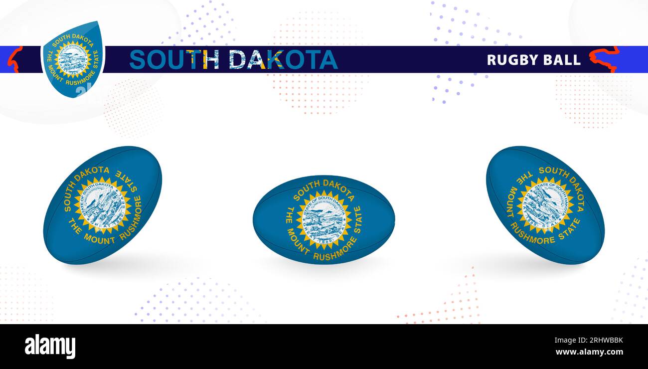 Ballon de rugby avec le drapeau du Dakota du Sud dans différents angles sur fond abstrait. Collection de vecteurs de rugby. Illustration de Vecteur