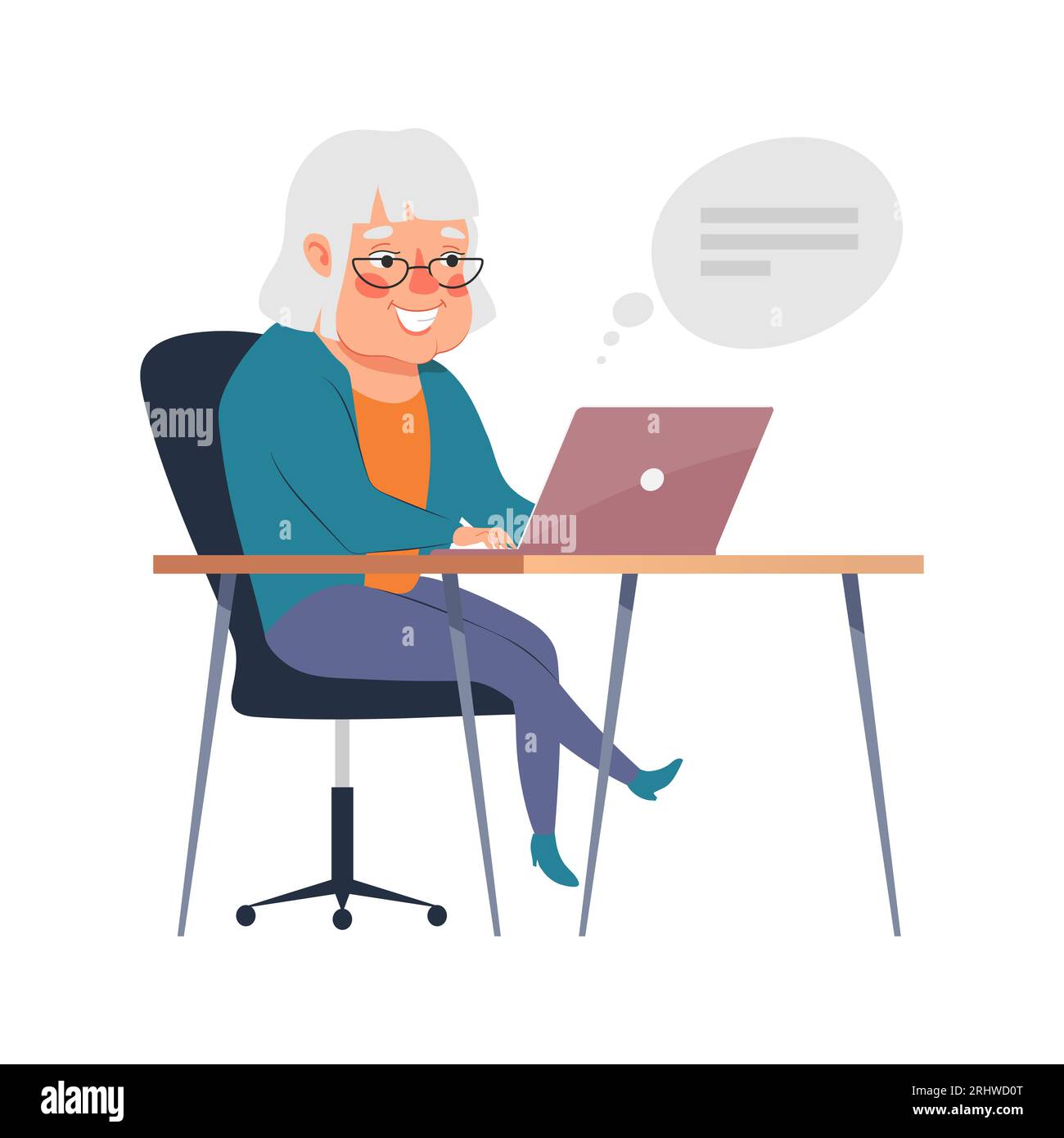 Jolie vieille dame travaillant sur ordinateur portable, communiquant en ligne. Les personnes âgées utilisent la technologie informatique, l'illustration vectorielle. Illustration de Vecteur