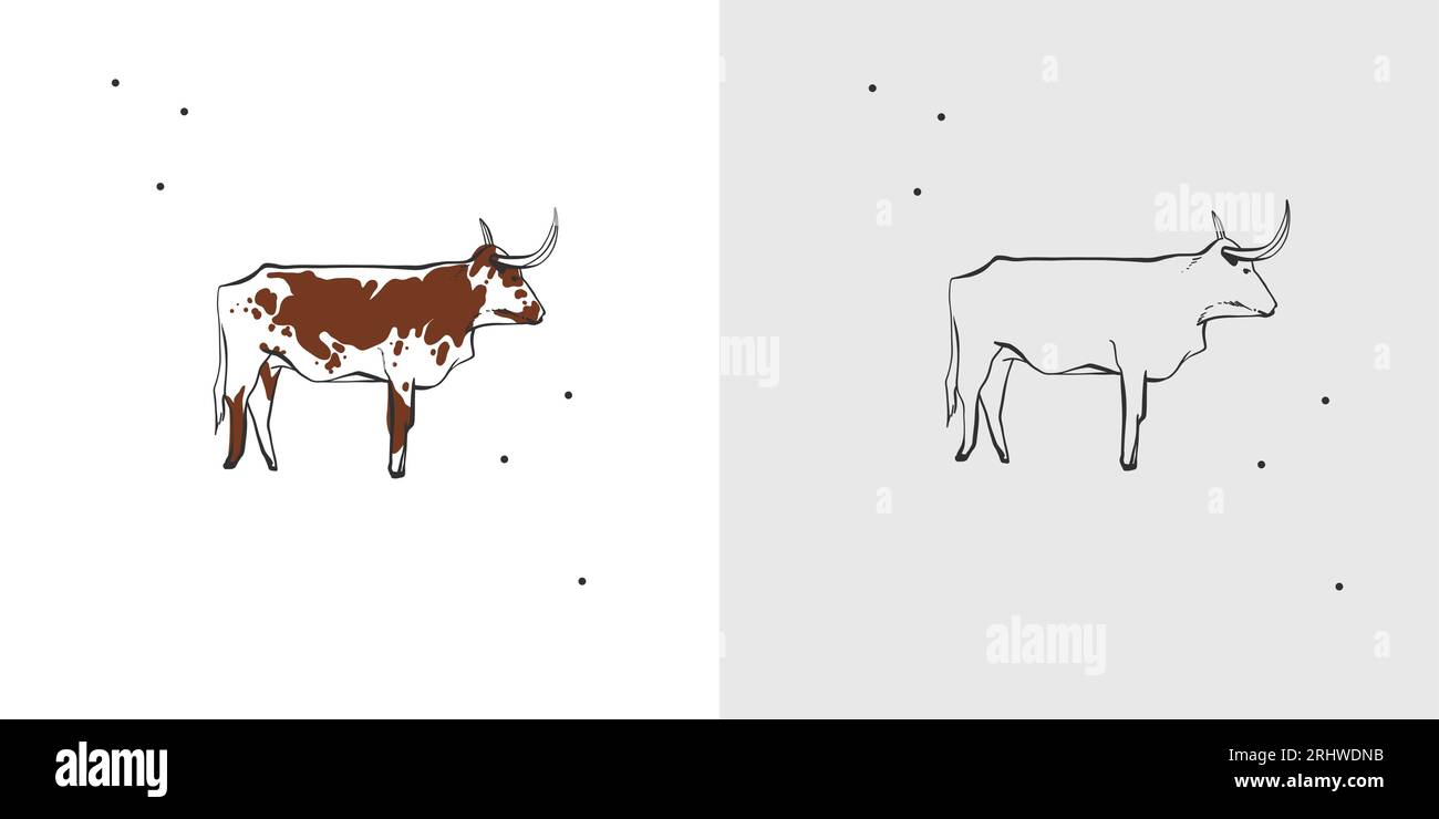 Dessin à la main abstrait vecteur graphique clipart illustration boho taureau et vache avec cornes logo élément.Western design concept. Doodle Wild West Illustration de Vecteur