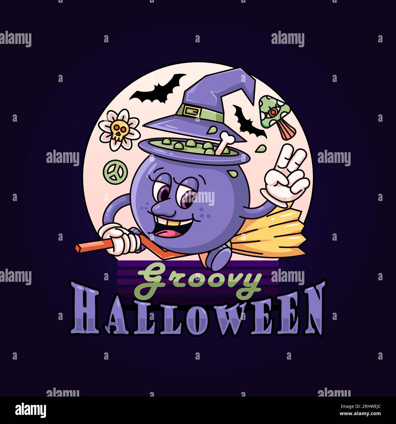 Halloween groovy. Chaudron de dessin animé rétro avec balai volant paisiblement. Parfait pour les logos, t-shirts, autocollants et affiches Illustration de Vecteur