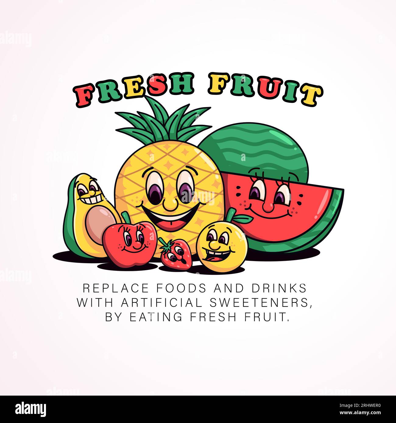 Fruits frais. Illustration rétro de dessin animé d'un caractère de fruit. Parfait pour les logos, t-shirts, autocollants et affiches Illustration de Vecteur