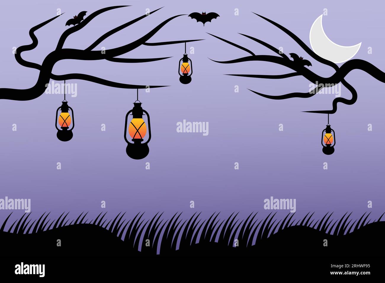 Fond d'Halloween avec lanternes suspendues et chauves-souris. Illustration vectorielle adaptée pour carte de voeux, affiche et bannière Illustration de Vecteur