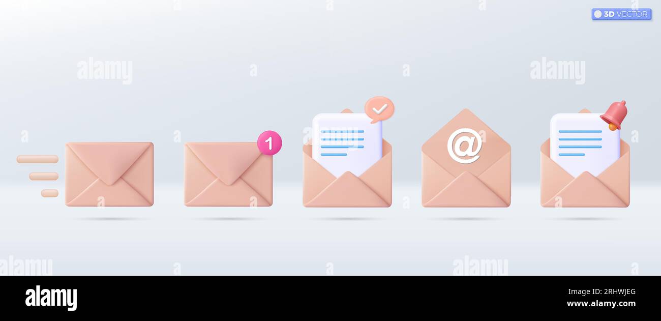 Symbole de jeu d'icônes d'enveloppe de courrier Old Rose 3D. Afficher les notifications par e-mail avec des lettres, des coches et des icônes de plan papier. concept de communication. iso vectoriel 3D. Illustration de Vecteur