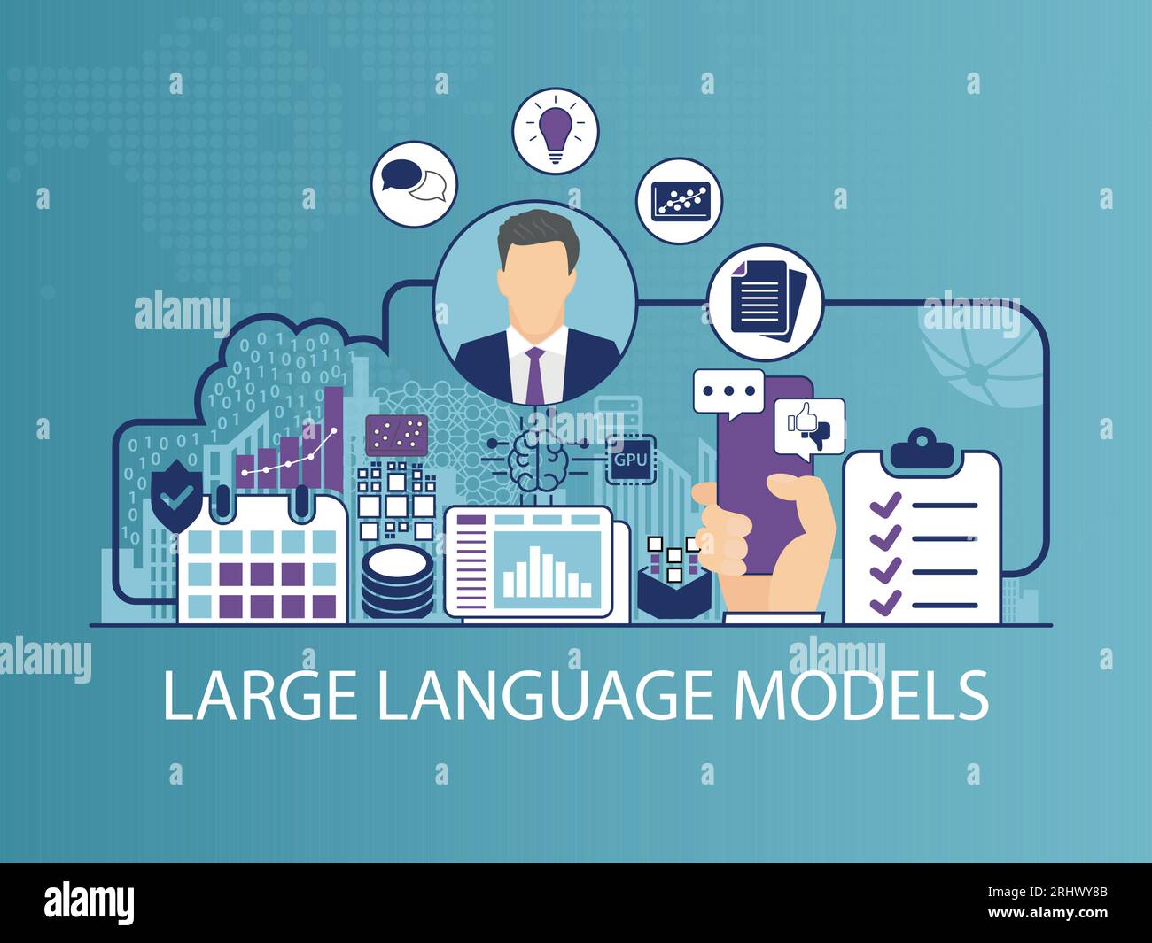 LLM Grande langue illustration vectorielle de modèle avec homme d'affaires et icônes Illustration de Vecteur