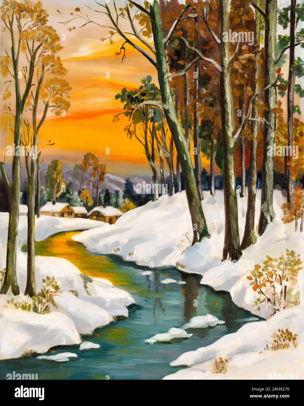 Paysage hivernal à l'huile de pinte avec un ruisseau coulant à travers une forêt avec des cabanes en arrière-plan. Concept des fêtes de Noël. Banque D'Images