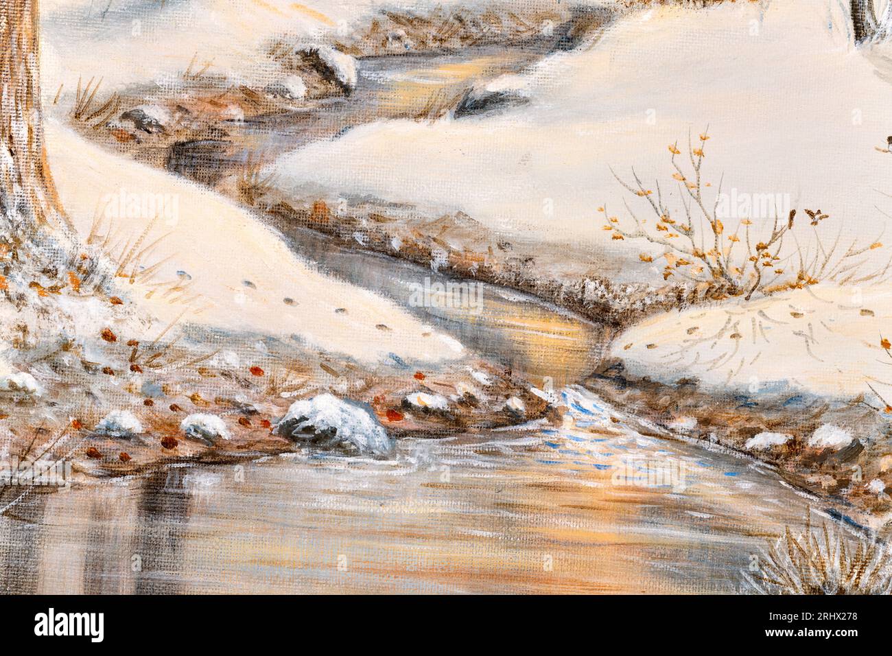 Détail d'un paysage hivernal à l'huile avec un ruisseau coulant à travers une forêt avec des cabanes en arrière-plan. Concept des fêtes de Noël. Banque D'Images