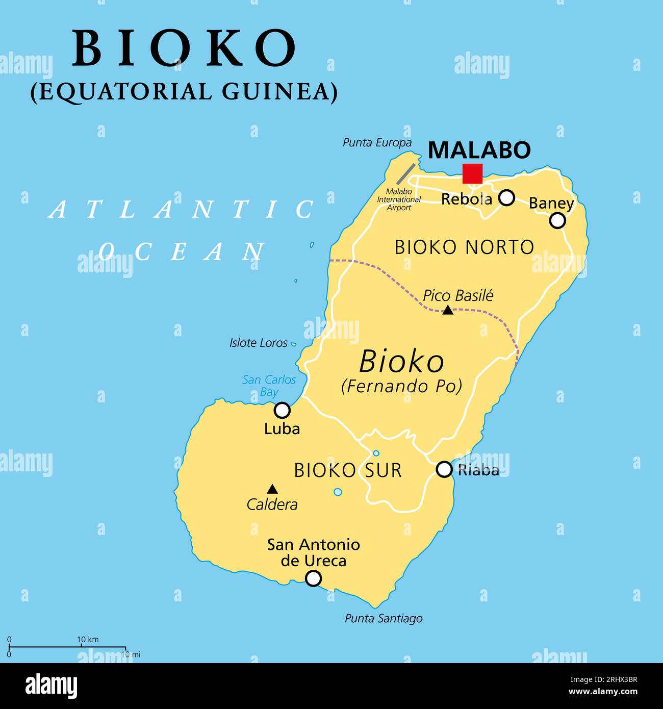 Bioko, île au large des côtes africaines, carte politique. Historiquement Fernando po, la partie la plus septentrionale de la Guinée équatoriale, avec la capitale Malabo. Banque D'Images