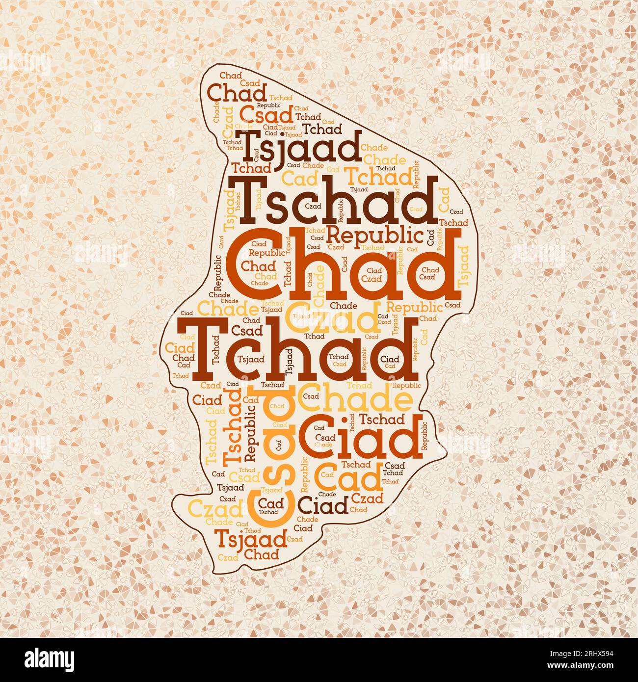 Forme Tchad avec noms de pays nuage de mots en plusieurs langues. Carte de la frontière du Tchad sur des triangles étonnants dispersés autour. Illustration vectorielle artistique. Illustration de Vecteur