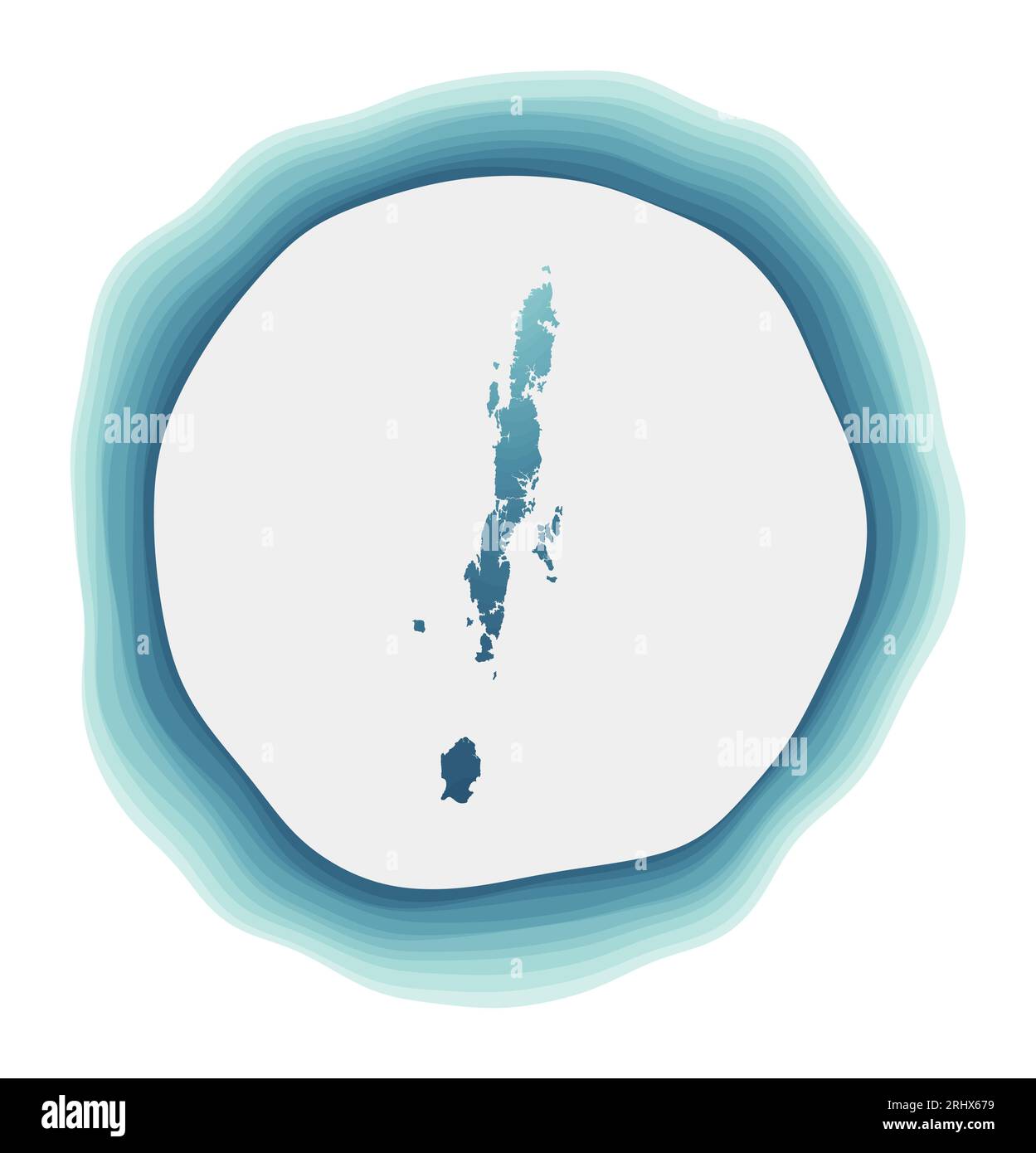 Logo Andaman Islands. Badge de l'île. Panneau circulaire superposé autour de la forme de bordure des îles Andaman. Charmante illustration vectorielle. Illustration de Vecteur