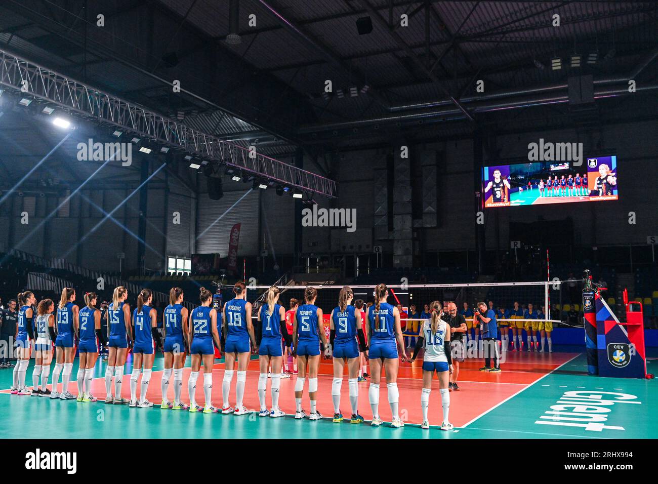 Gand, Belgique. 18 août 2023. L'équipe Serbie photographiée lors d'un match de volleyball entre les équipes nationales féminines de Serbie et d'Ukraine lors du deuxième match du Championnat d'Euro volley CEV dans la poule A, le samedi 18 août 2023 à Gand, BELGIQUE . Crédit : Sportpix/Alamy Live News Banque D'Images