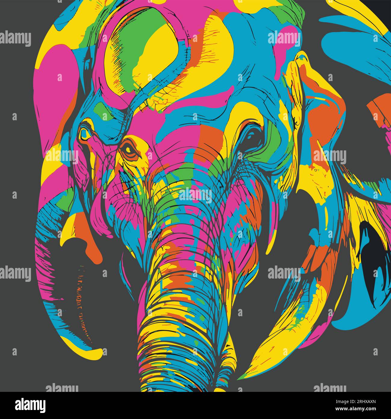 Autocollant d'éléphant en abstrait, surligneurs graphiques lignes arc-en-ciel ultra-lumineux portrait artistique néon, publicité commerciale, éditoriale. Illustration de Vecteur