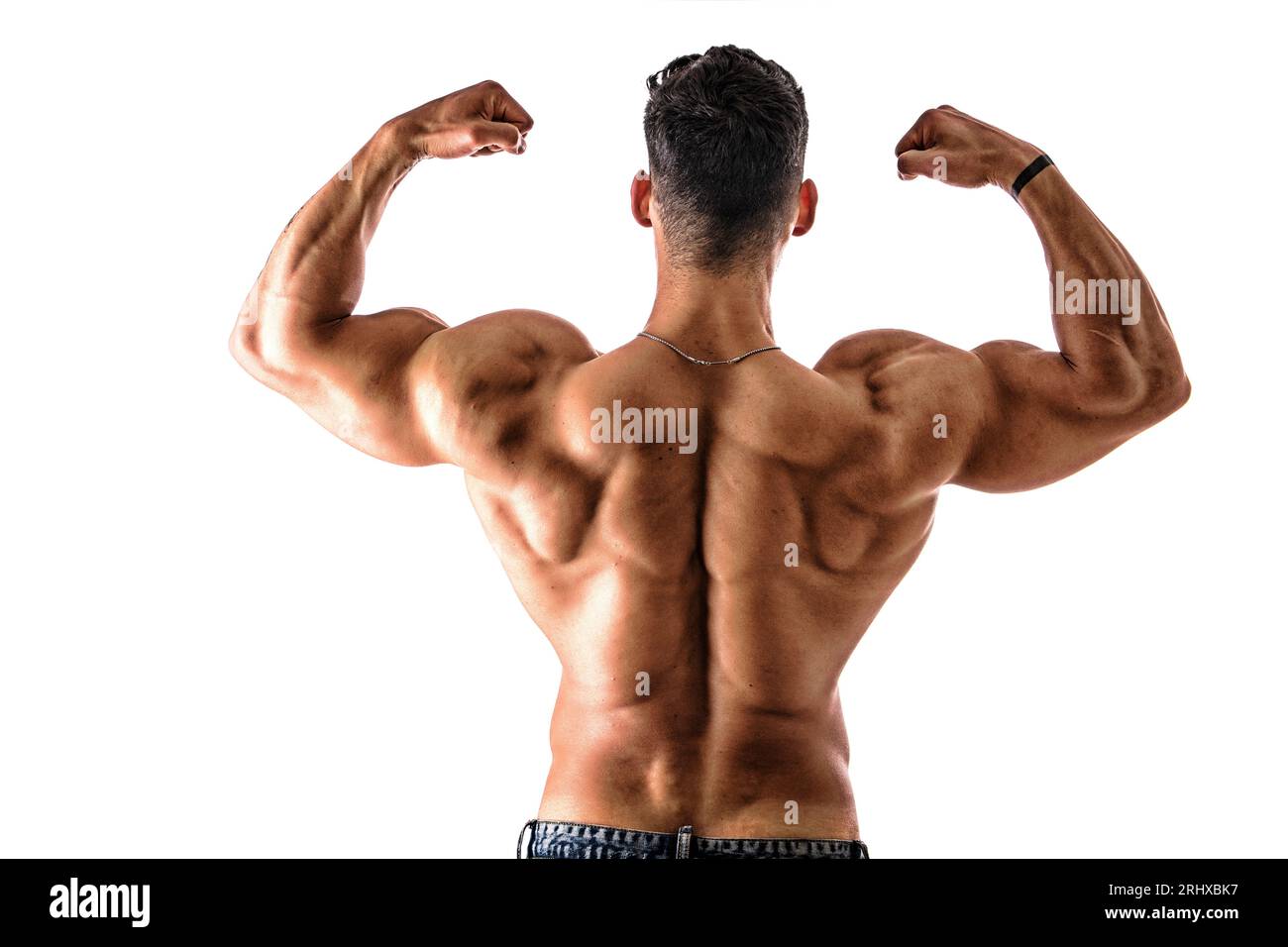 Photo d'un homme musclé montrant sa force sur un fond blanc propre Banque D'Images