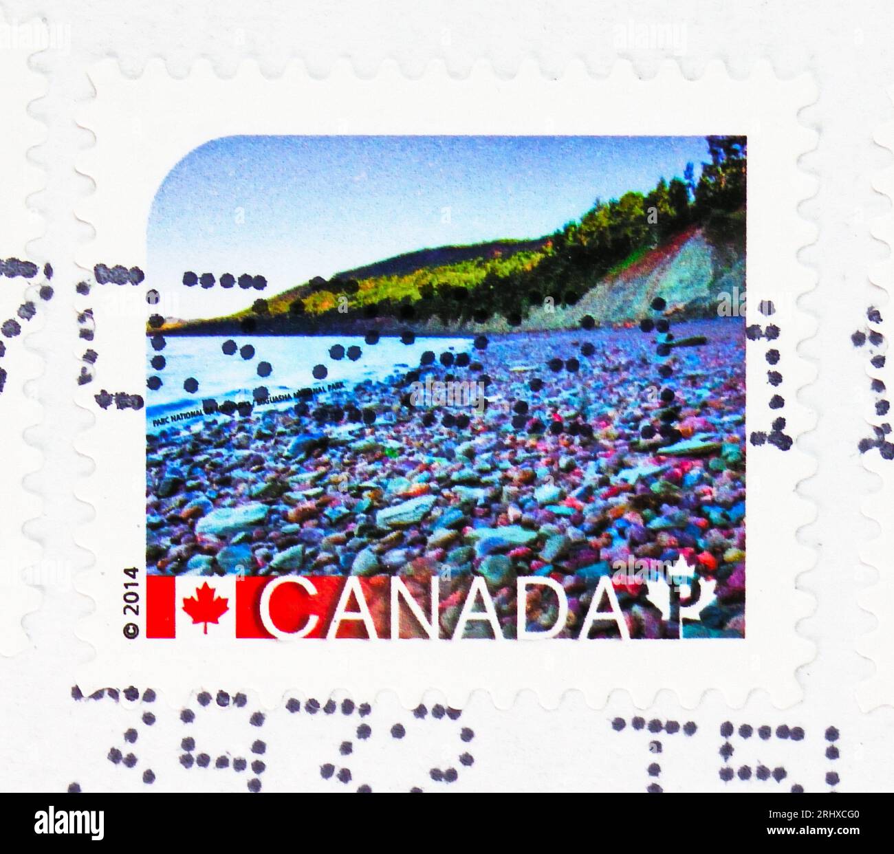 MOSCOU, RUSSIE - JUIN 8 2023 : le timbre-poste imprimé au Canada montre le parc national de Miguasha (Qc), sites du patrimoine mondial de l'UNESCO au Canada (2014) série, Banque D'Images