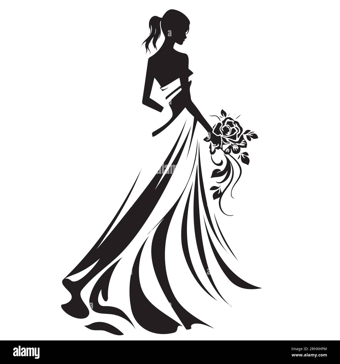 Mariée dans une robe de mariée tenant des fleurs Illustration de Vecteur