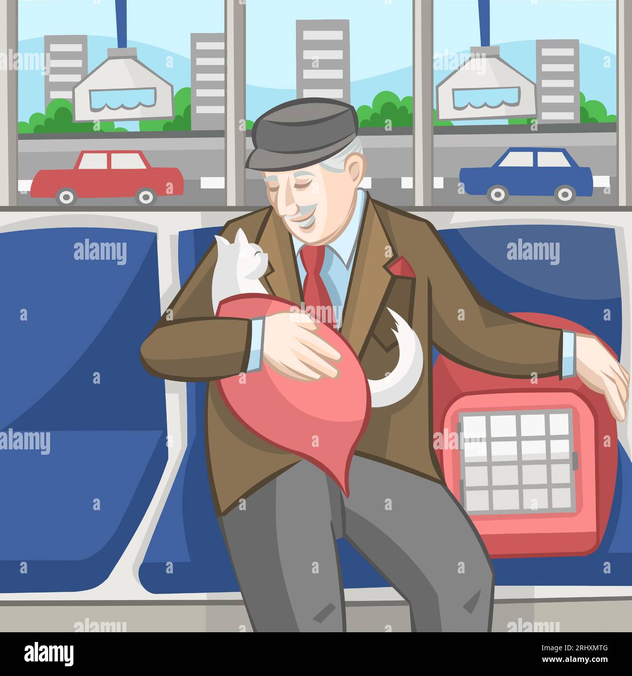 Vieil homme avec chat blanc en couverture rouge et porte-animaux assis dans le bus de transport public avec la route, la ville et les voitures sur un fond Illustration de Vecteur