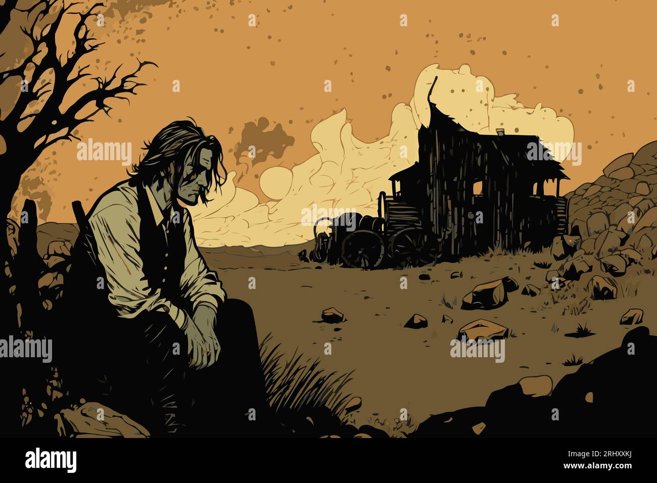 Vaincu Man sur une ferme Dustbowl avec une grange en ruine pendant la Grande Dépression. Bol à poussière. Vector Art.. Style roman graphique Illustration. Illustration de Vecteur