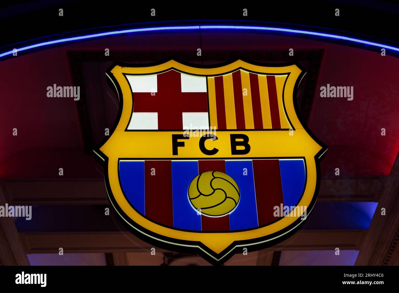 Barcelone, Espagne - 09 août 2023 : logo de la boutique officielle du FC Barcelona, Barcelone, Espagne. Banque D'Images
