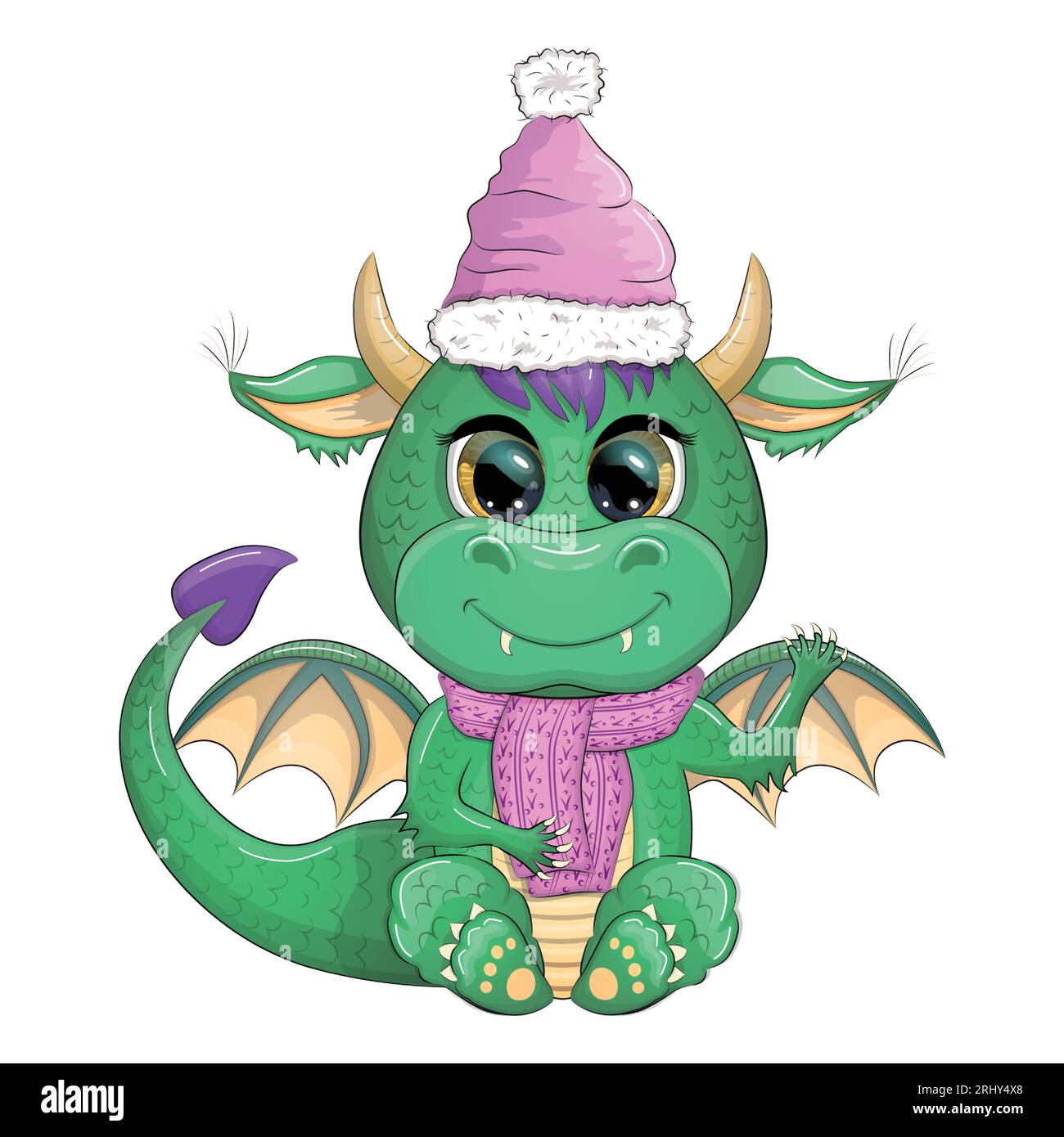 Mignon dragon vert de dessin animé dans le chapeau de père noël