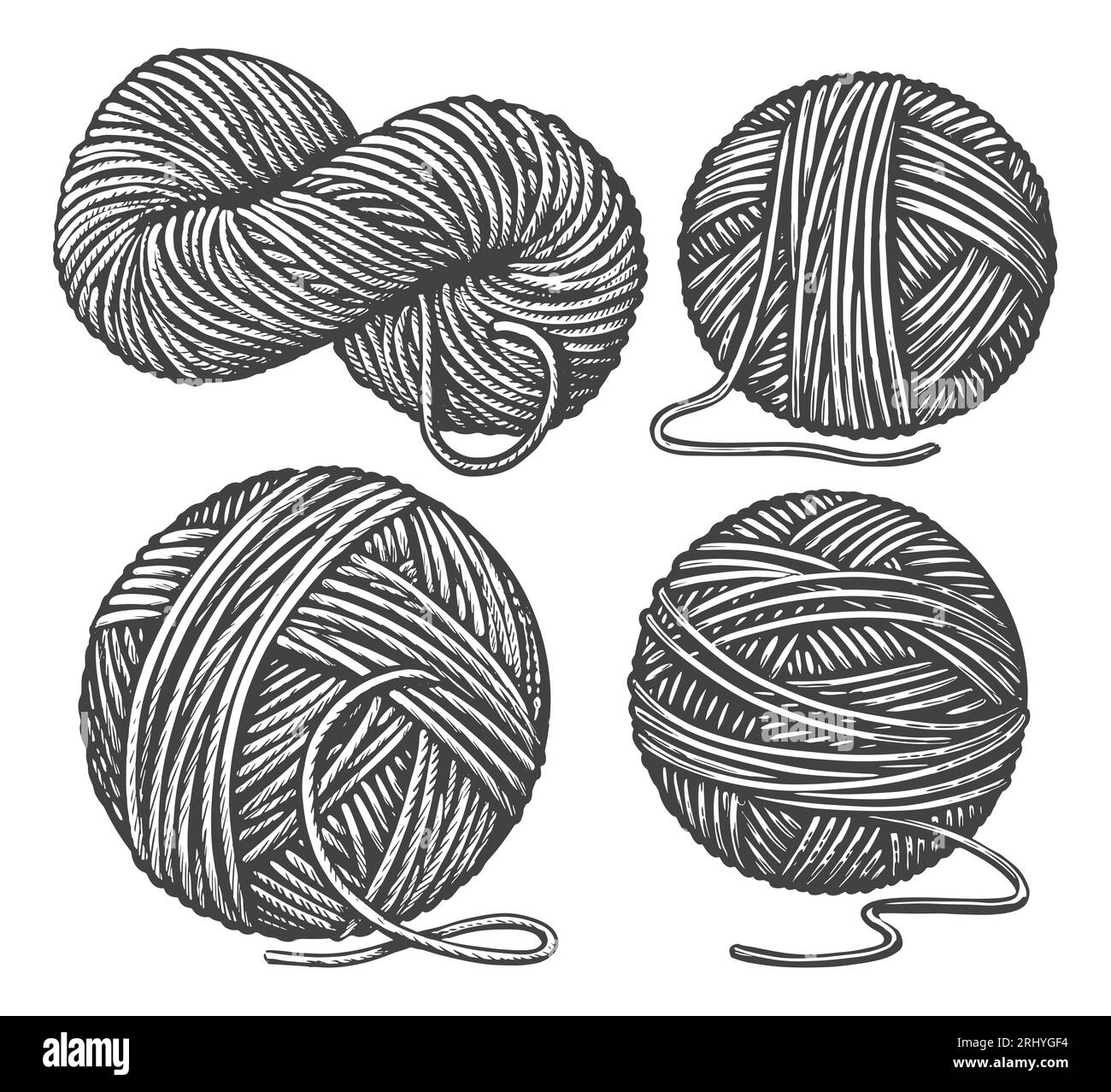 Boules de fil écheveau de laine. Artisanat, crochet, tricot à la main. Esquissez une illustration vintage Banque D'Images