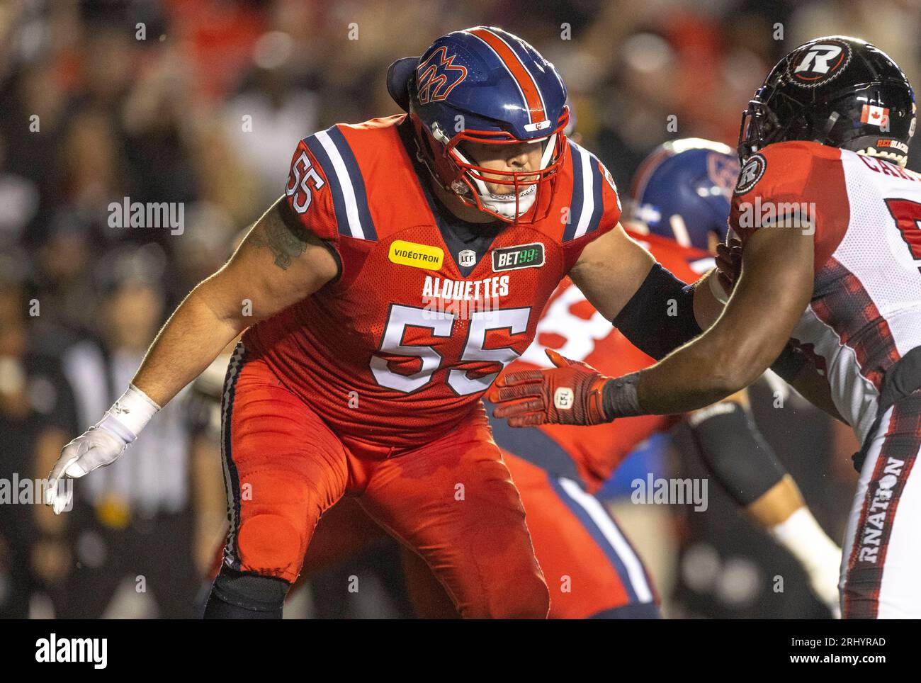 Ottawa, Canada. 19 août 2023. Landon Rice (55) des Alouettes de Montréal joue en saison régulière dans la Ligue canadienne de football (LCF) entre les Alouettes de Montréal aux Redblacks d'Ottawa. Les Alouettes de Montréal ont remporté le match 25-24. 2023 Copyright Sean Burges / Mundo Sport Images / Alamy Live News Banque D'Images