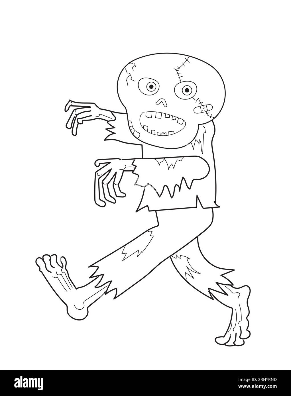 Dessin drôle de dessin animé d'un fantôme effrayant heureux zombie marchant, noir et blanc. Banque D'Images