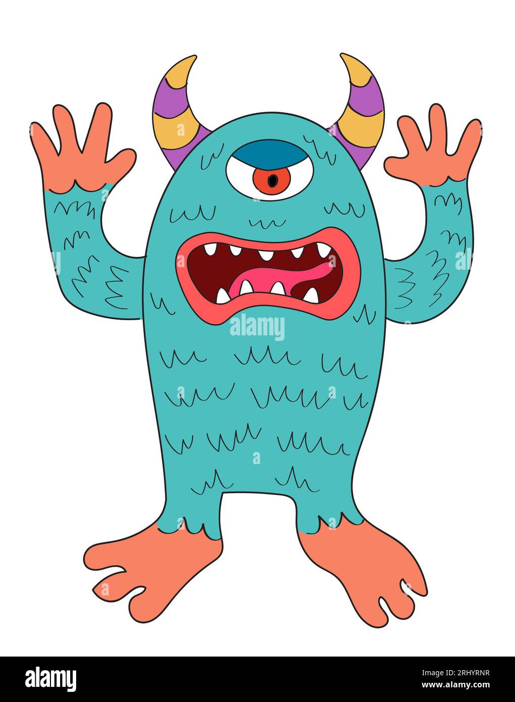 Effrayant monstre borgne Halloween avec des cornes et des dents pointues. Dessin de dessin animé de personnage animal effrayant mignon. Banque D'Images