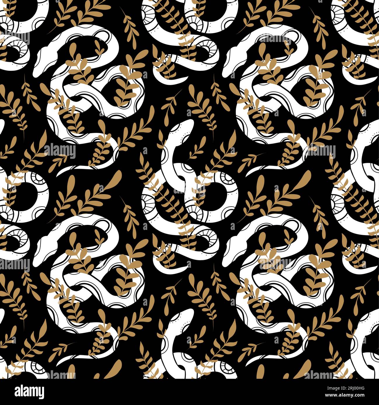 Vector Seamless modèle avec silhouettes de serpent blanc avec décorations tribales et tiges d'or sur un fond noir. Texture mystique avec serpents Illustration de Vecteur