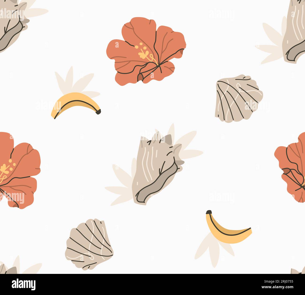 Dessin animé graphique d'été abstrait vectoriel dessiné à la main, illustrations de style contemporain minimaliste modèle sans couture avec fleur tropicale, palmier Illustration de Vecteur