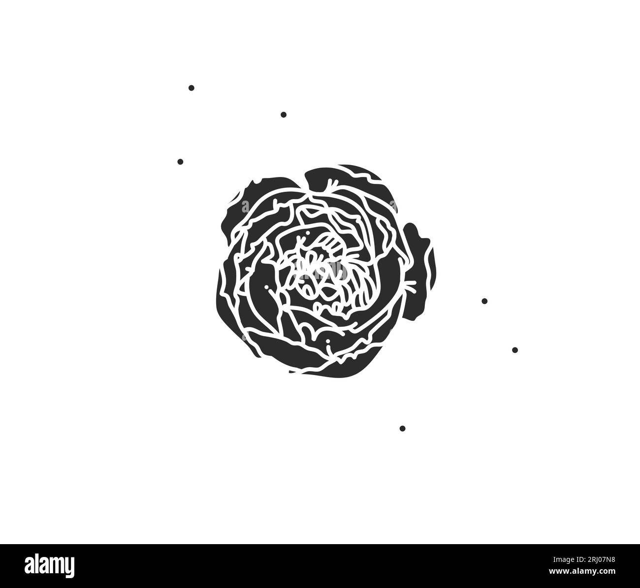 Illustration graphique à plat abstraite dessinée à la main avec élément de logo d'art de fleur de ligne, silhouette noire de pivoine, isolé sur fond blanc Illustration de Vecteur