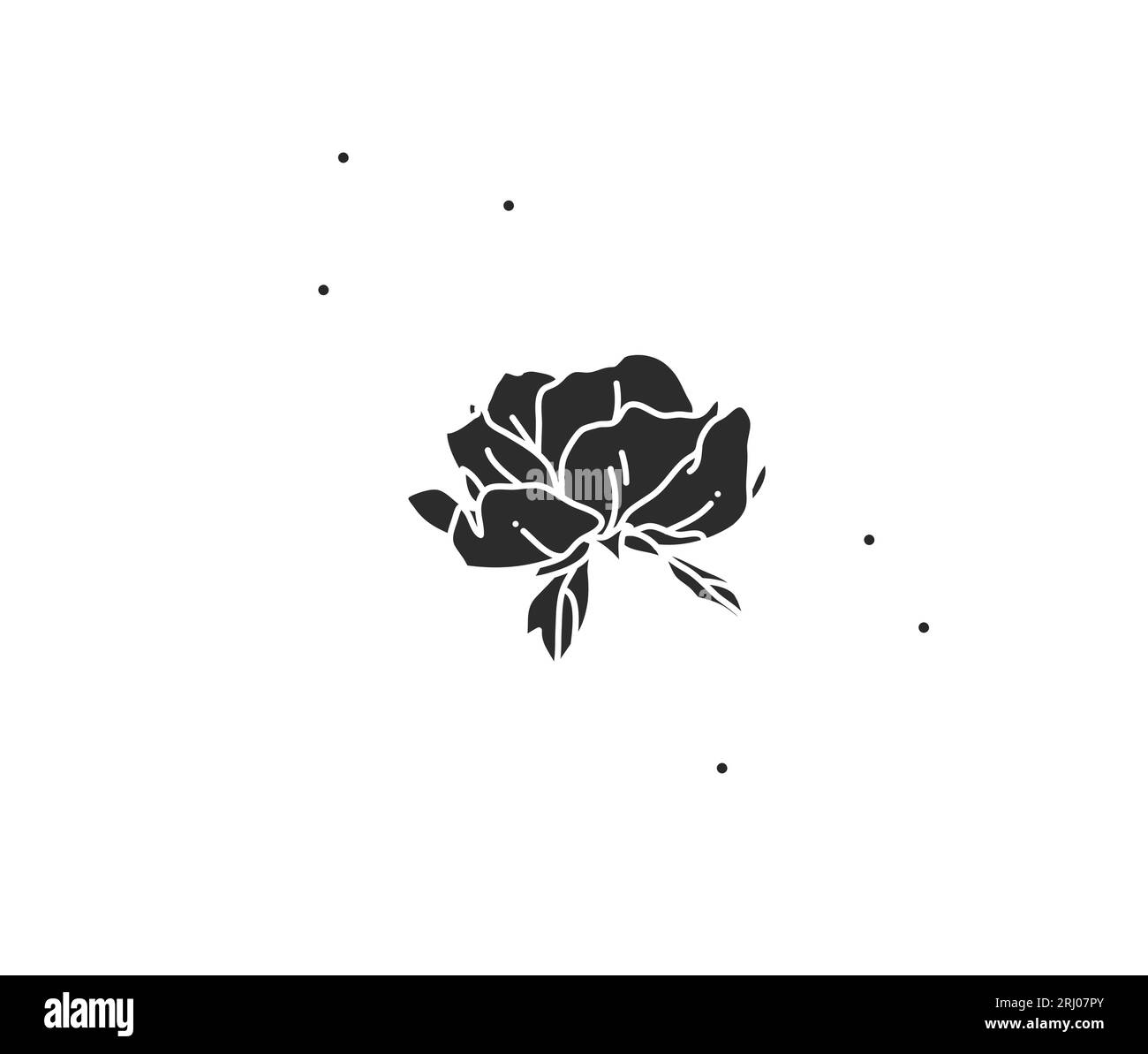 Illustration graphique à plat abstraite dessinée à la main avec élément de logo d'art de fleur de ligne, silhouette noire de pivoine, isolé sur fond blanc Illustration de Vecteur