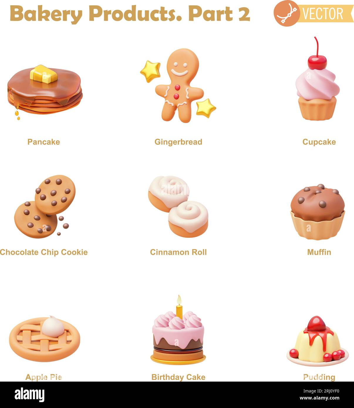 Jeu d'icônes de produits de boulangerie et pâtisserie Vector. Crêpe, pain d'épices, cupcake, biscuits, rouleau de cannelle, muffin, tarte aux pommes, gâteau d'anniversaire et icônes de pudding Illustration de Vecteur