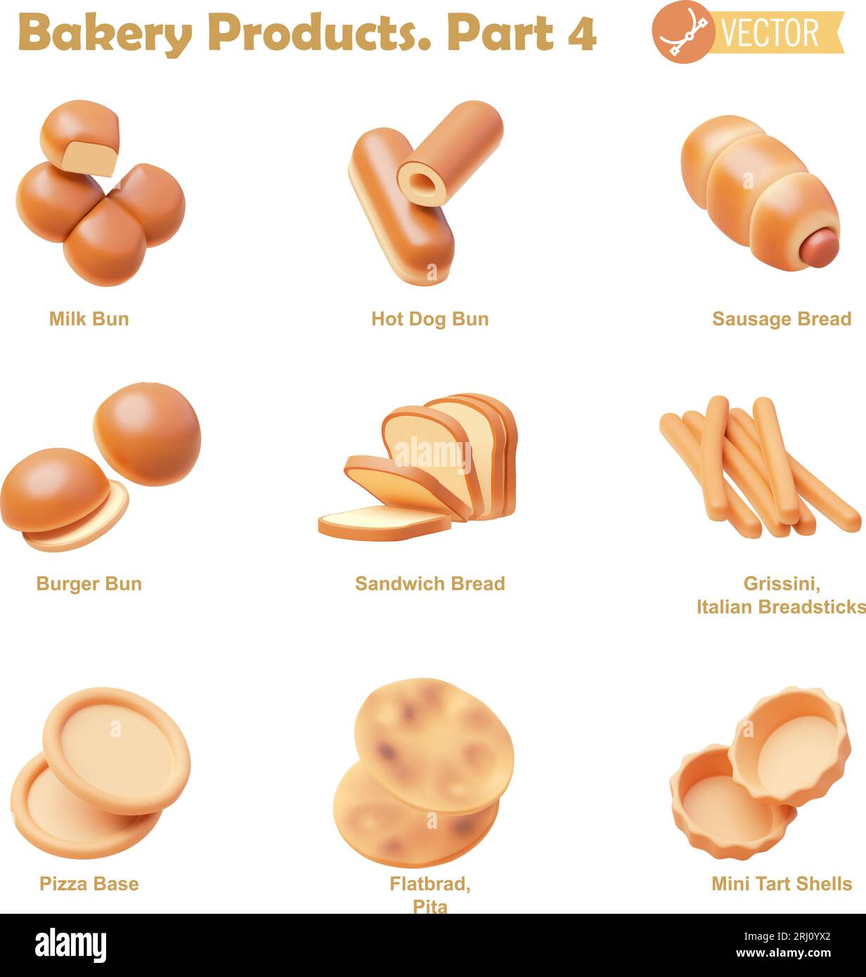 Jeu d'icônes de produits de boulangerie et pâtisserie Vector. Pain au lait, hot-dog et pains à hamburger, pain à saucisse, pain sandwich, grissini, base de pizza, pain plat, tarte Illustration de Vecteur