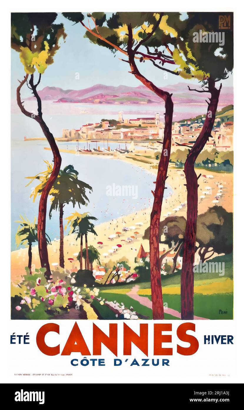 Années 1930 Roger broders classique affiche de voyage vintage de Cannes sur la Côte d'Azur, France, montrant la plage et la ville Banque D'Images