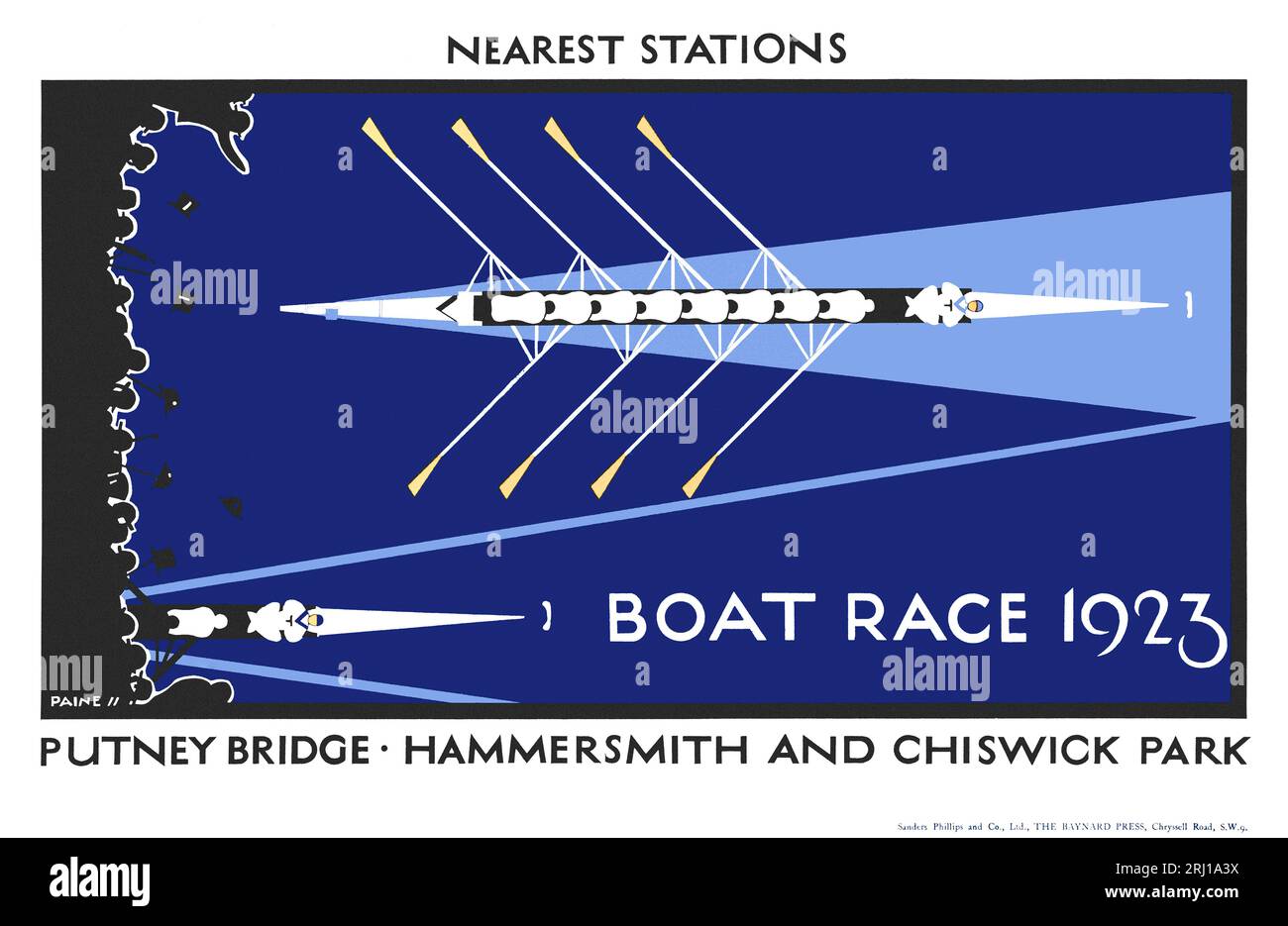 Affiche vintage 1923 Boat Race de Charles pain montrant deux équipes d'aviron et des spectateurs. L'affiche est pour London transport Banque D'Images