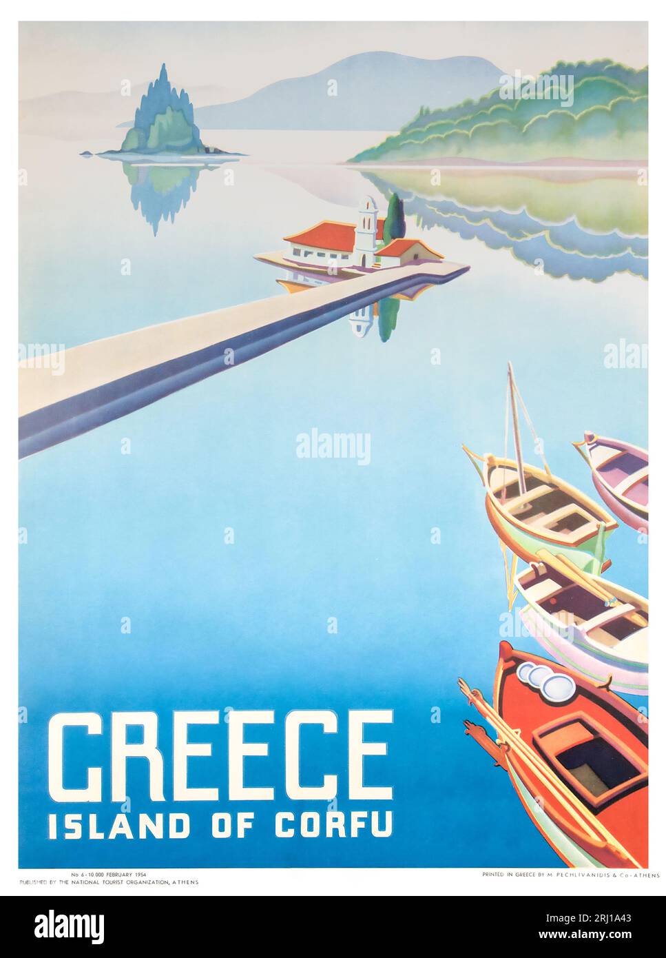 1954 affiche de voyage vintage pour l'île de Corfou, Grèce Banque D'Images