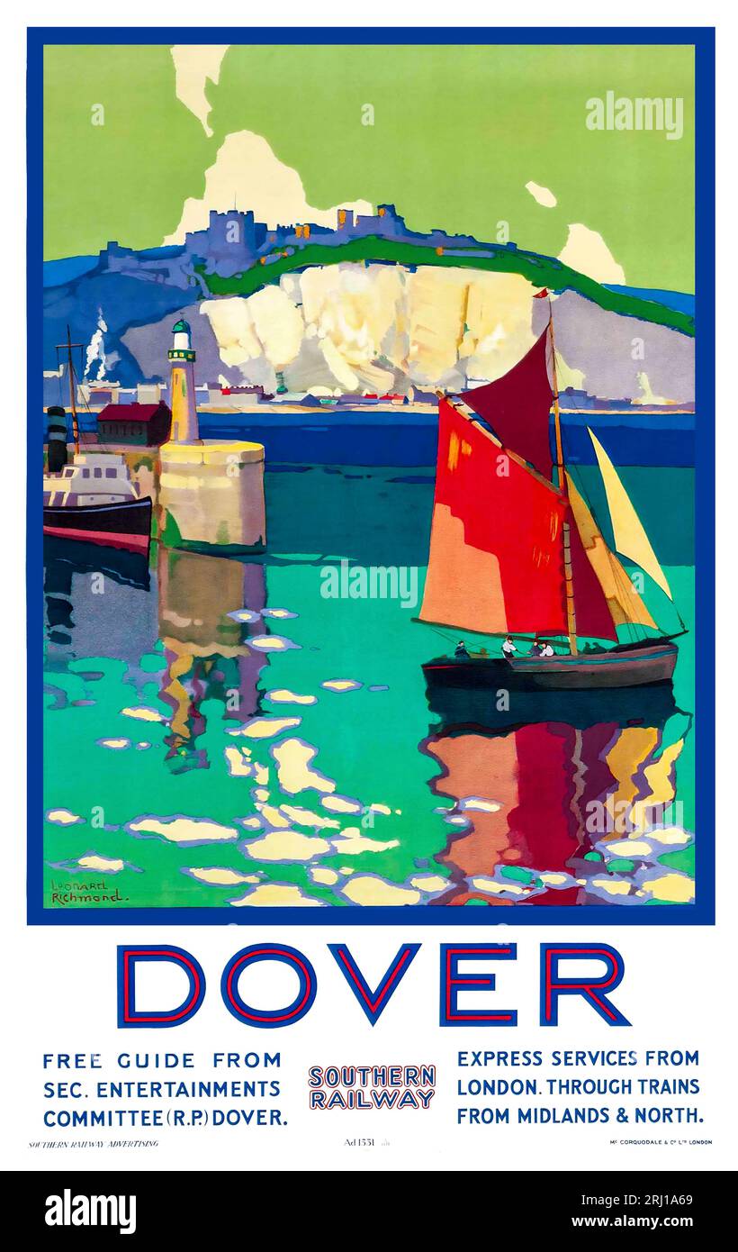 1925 Dover by Southern Railways affiche de Leonard Richmond avec port, phare, château et bateaux Banque D'Images