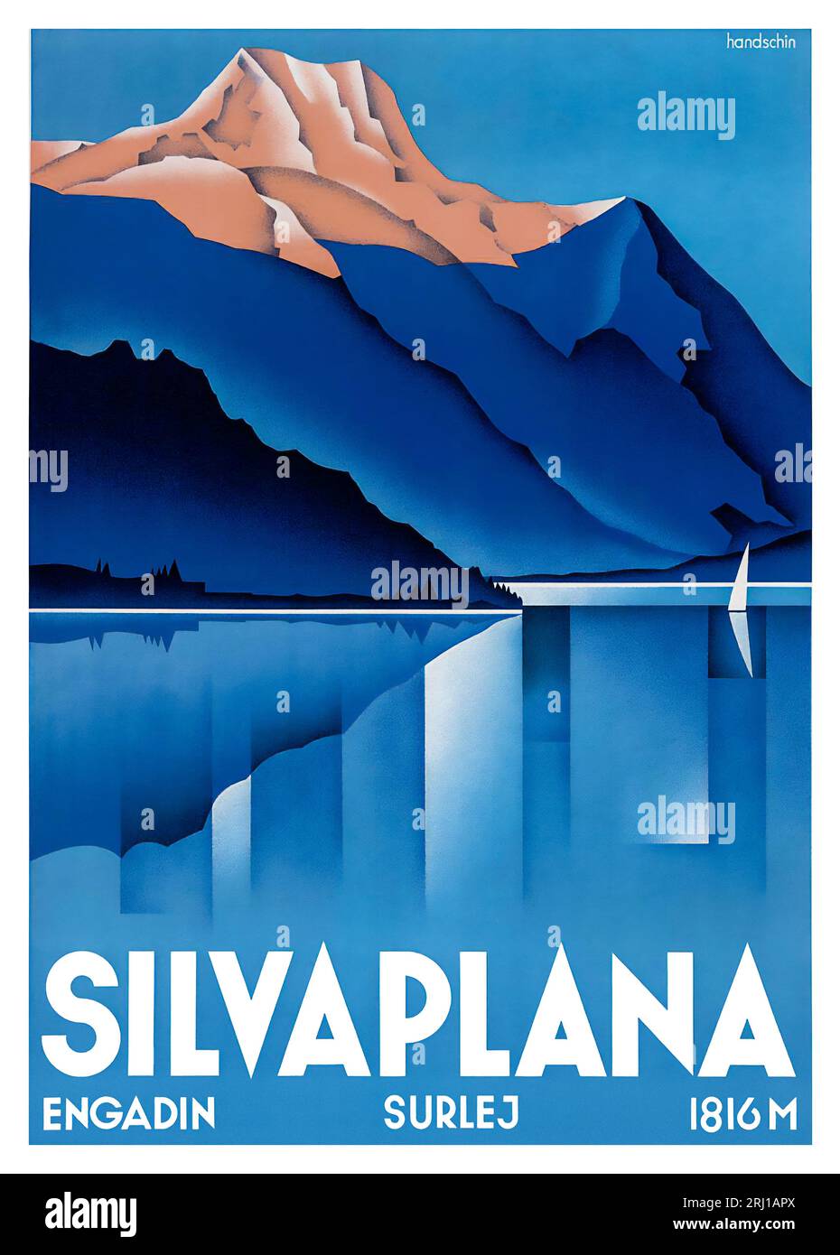 Rare affiche des années 1930 de Hans Johannes Handschin pour Silvaplana dans l'Engadin, la région de St.Moritz, l'une des plus belles affiches Art déco suisses. Banque D'Images