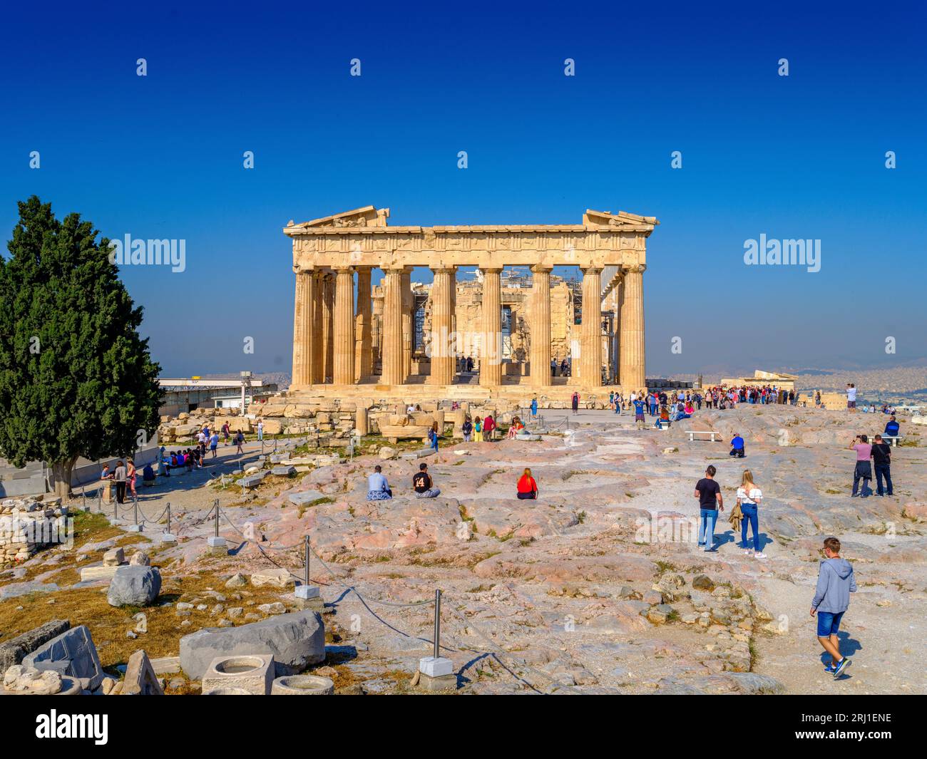 Vues sur les ruines du temple de Parthénon Acropolis, site classé au patrimoine mondial de l'UNESCO, Athènes, Grèce, Europe Banque D'Images