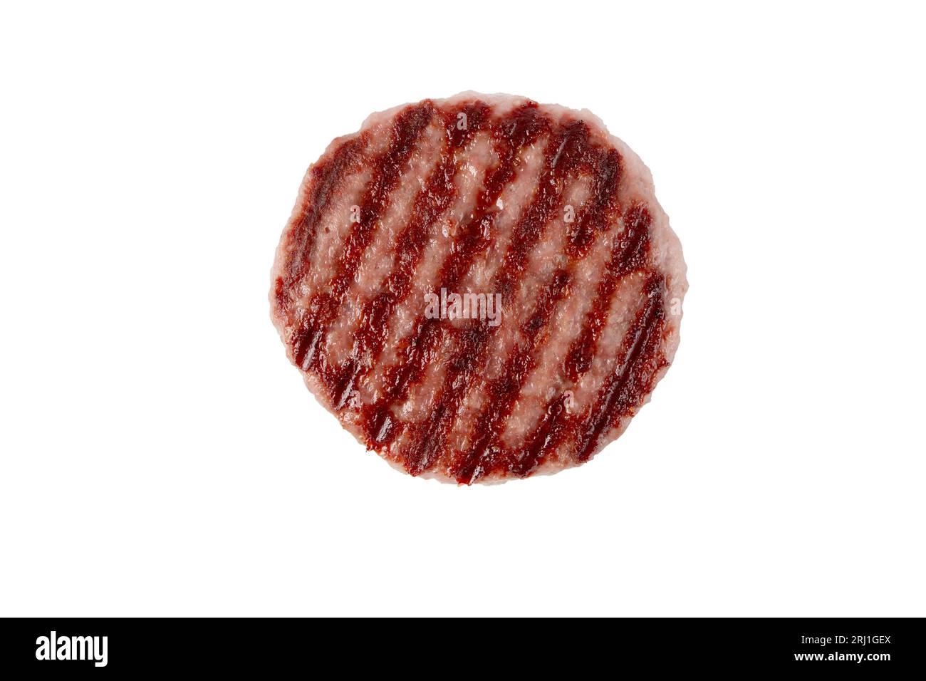 Patty de viande de bœuf hachée ou hamburger avec des marques de gril noircies vue de dessus isolée sur blanc. Ingrédient pour hamburger. Banque D'Images
