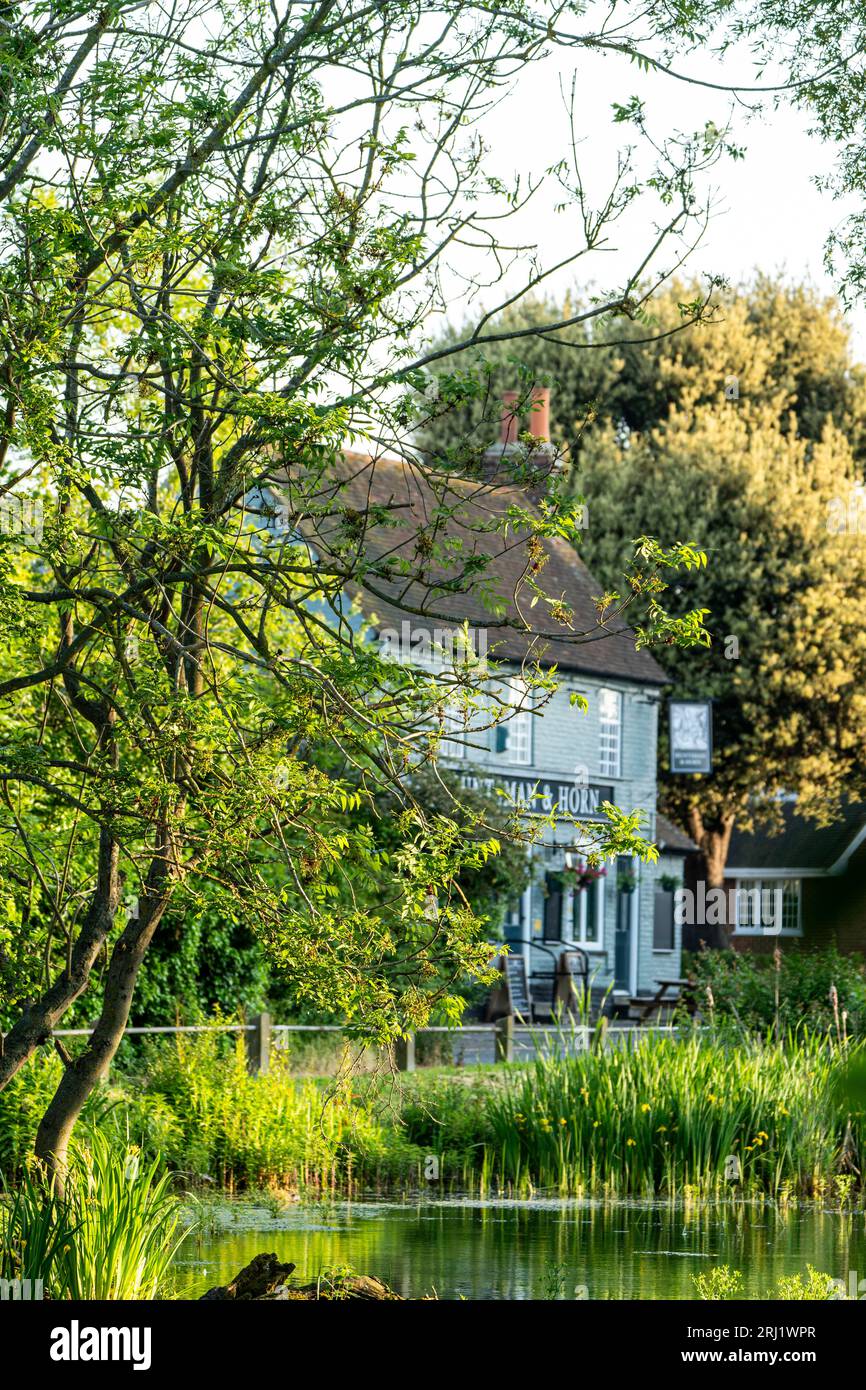 The Huntsman and Horn public House à Broomfield, Kent. Vue de l'autre côté de l'étang du village, à travers les arbres et le feuillage dans l'heure dorée du matin. Banque D'Images