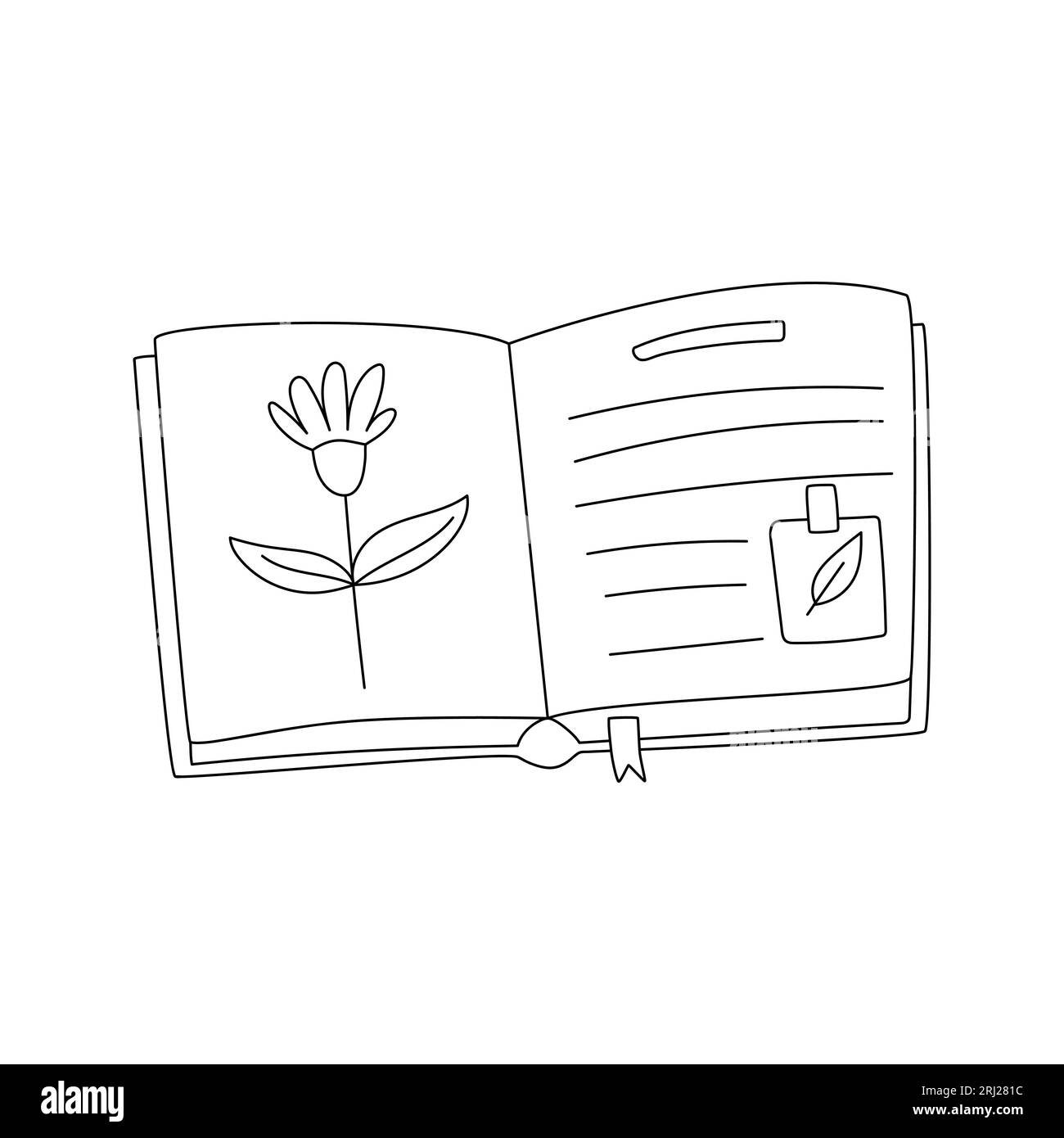 Doodle Herbarium dessiné à la main avec une fleur, un autocollant et un signet. Encyclopédie, livre ouvert avec illustration botanique. Vecteur de contour noir et blanc d Illustration de Vecteur