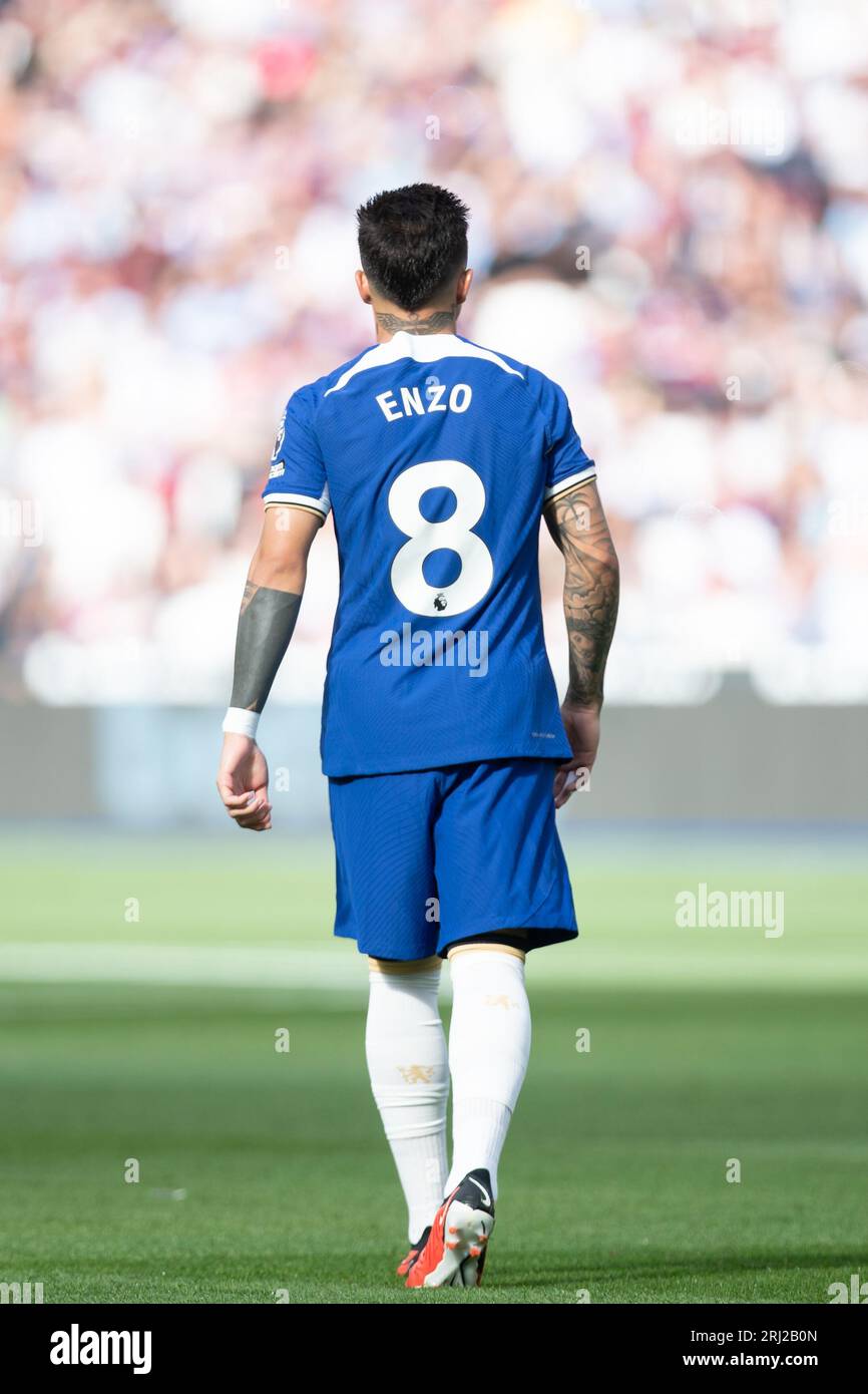 Enzo Fernandez de Chelsea semble rejeté lors du match de Premier League entre West Ham United et Chelsea au London Stadium, Stratford le dimanche 20 août 2023. (Photo : Federico Guerra Maranesi | MI News) crédit : MI News & Sport / Alamy Live News Banque D'Images