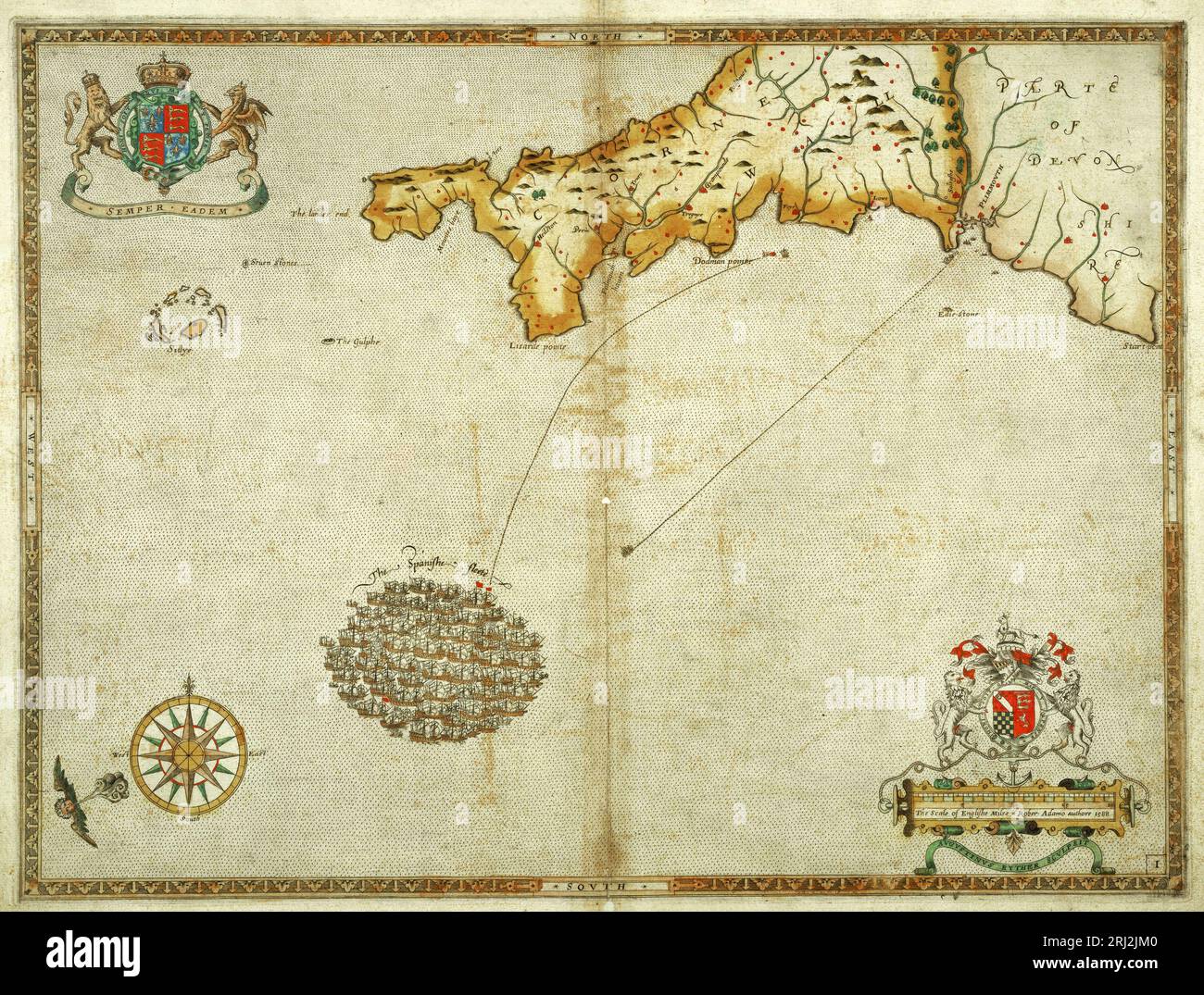 La flotte espagnole de l'Armada au large des côtes de Cornouailles le 29 juillet 1588, comme indiqué sur une carte faite en 1590, deux ans seulement après la défaite de l'Armada espagnole le 8 août 1588 Banque D'Images