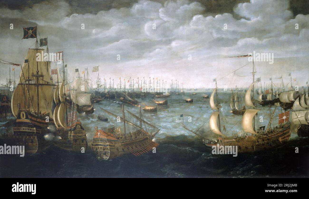 Une peinture à l'huile montrant des fièvres anglais lancés à l'armada espagnole au large de Gravlines près de Calais Banque D'Images