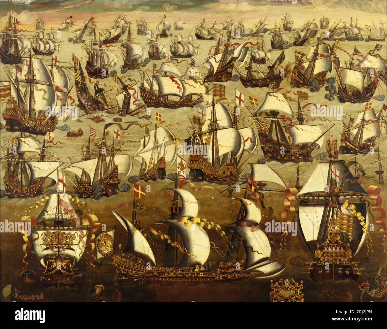 Tableau représentant l'Armada espagnole avant sa défaite dans la Manche le 8 août 1588. Banque D'Images