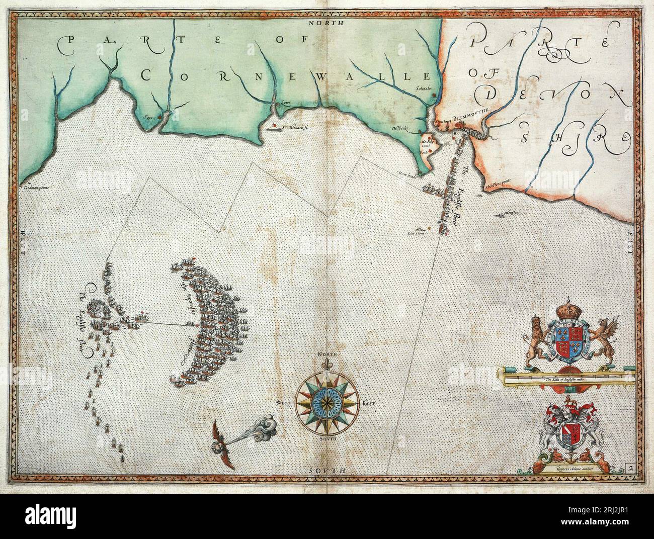 L'Armada espagnole et la flotte anglaise approchent de Plymouth du 30 au 31 juillet 1588, comme le montre une carte faite en 1590, deux ans seulement après la défaite de l'Armada espagnole le 8 août 1588. Banque D'Images