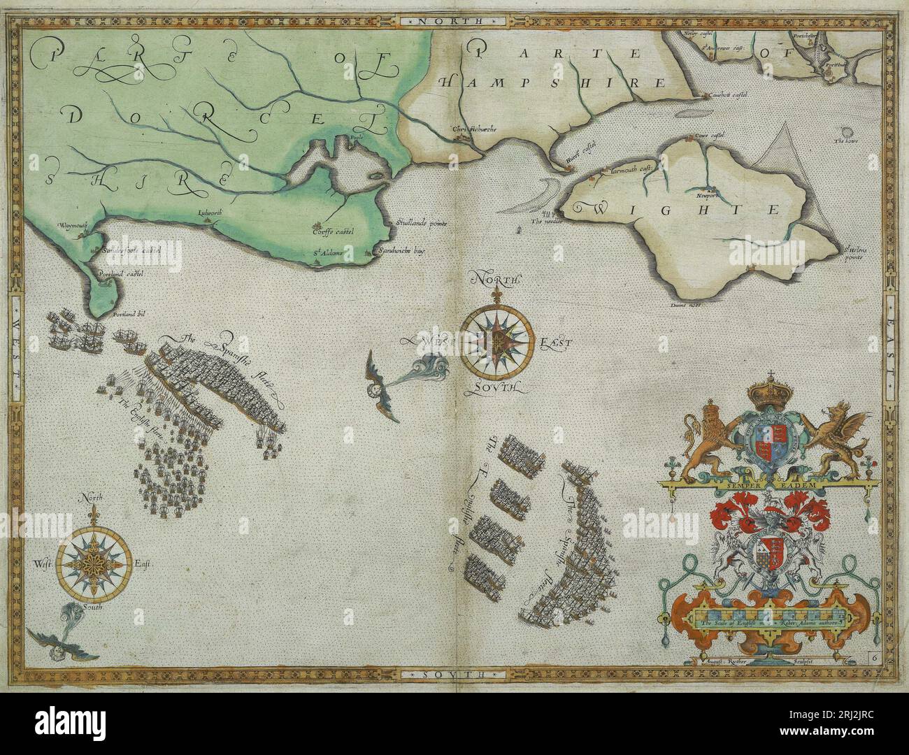 Les flottes anglaises et espagnoles entre Portland Bill et l'île de Wight du 2 au 3 août 1588, comme indiqué sur une carte faite en 1590, deux ans seulement après la défaite de l'Armada espagnole le 8 août 1588 Banque D'Images