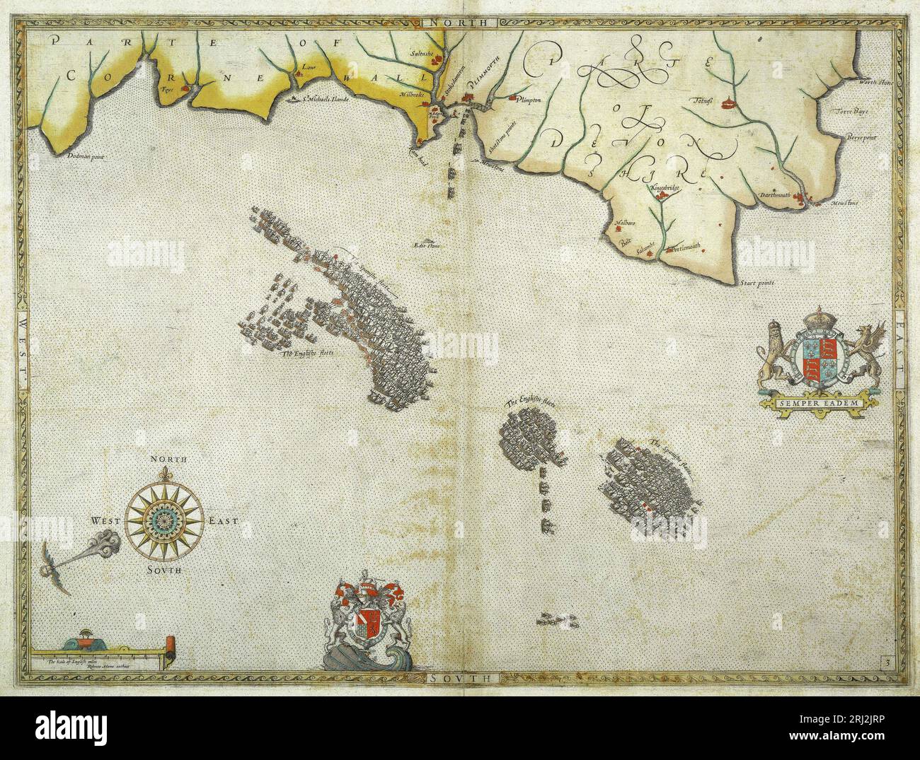 Les Anglais engagent l'Armada espagnole près de Plymouth le 31 juillet 1588 comme le montre une carte faite en 1590, deux ans seulement après la défaite de l'Armada espagnole le 8 août 1588 Banque D'Images