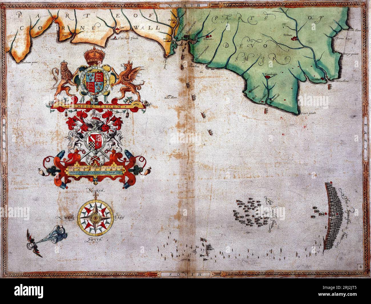 Les Anglais poursuivent la flotte espagnole à l'est de Plymouth du 31 juillet au 1 août 1588, comme le montre une carte faite en 1590, deux ans seulement après la défaite de l'Armada espagnole le 8 août 1588 Banque D'Images